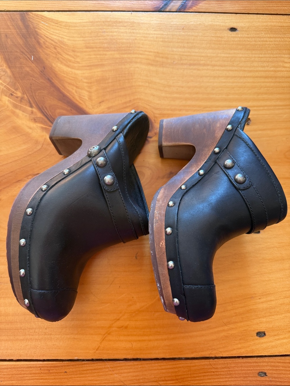 Black Leather Studded Clog Heels - Women - Picture 5 of 8